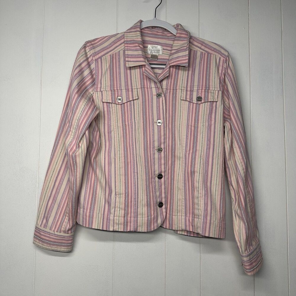 Christopher & Banks Women’s Large Striped Button Front Jacket Blazer Pink